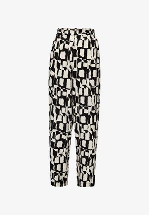 Pantaloni a righe bianchi e neri in un tessuto liscio, con un design astratto di forme variabili e una vestibilità rilassata. Con vita elastica.