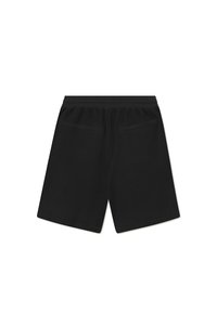 Shorts noirs en tissu texturé, avec une taille élastique et deux poches arrière. Le design présente une coupe ample et une longueur au genou.