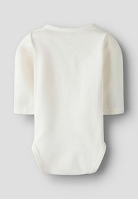 Weißes kurzärmliges Bodysuit mit rundem Ausschnitt und Druckknopfverschluss im Schritt. Aus weichem Baumwollstoff mit glatter Textur und ohne sichtbare Muster.
