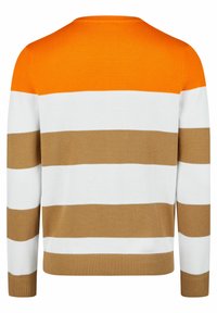 Gestreifter Pullover mit horizontalen Bändern in Orange, Weiß und Braun, strukturiertem Strickstoff, rundem Halsausschnitt sowie gerippten Bündchen und Saum.
