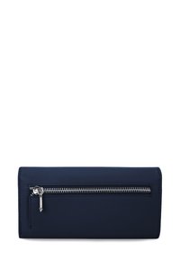 Navy leather wallet with a smooth texture, featuring a silver zippered compartment at the front and clean, minimal design.