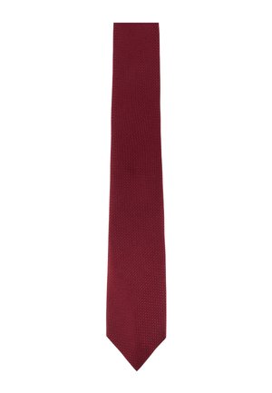 Cravatta strutturata rosso scuro solido con punta appuntita, mostrata su sfondo bianco.