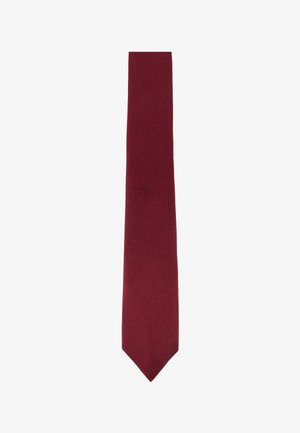 Cravatta strutturata rosso scuro solido con punta appuntita, mostrata su sfondo bianco.