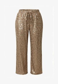 Pantalones anchos marrones brillantes con estampado de leopardo y cintura elástica con cordón.