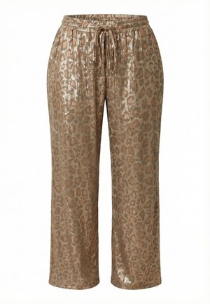 Pantalones anchos marrones brillantes con estampado de leopardo y cintura elástica con cordón.