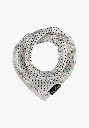 Sciarpa a pois in seta bianca, con piccoli pois neri e bordo cucito. Include un'etichetta di marca nell'angolo inferiore.