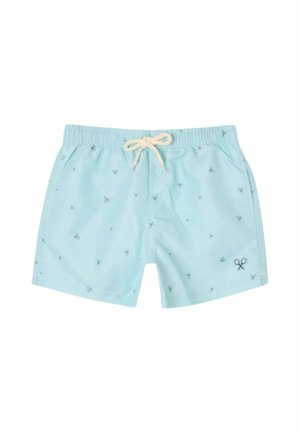 Bañadores cortos azul claro con un pequeño estampado de tijeras negras y cordón blanco en la cintura elástica.