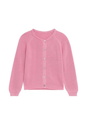 Helles rosa Cardigan mit gerippter Textur, rundem Ausschnitt und langen Ärmeln. Verfügt über silberne Knöpfe und durchbrochene Akzente in der Nähe der Manschetten.