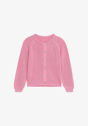 Helles rosa Cardigan mit gerippter Textur, rundem Ausschnitt und langen Ärmeln. Verfügt über silberne Knöpfe und durchbrochene Akzente in der Nähe der Manschetten.
