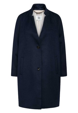 Manteau bleu marine longueur genoux avec deux boutons devant, poches latérales, col montant et doublure intérieure rayée visible au niveau du col.
