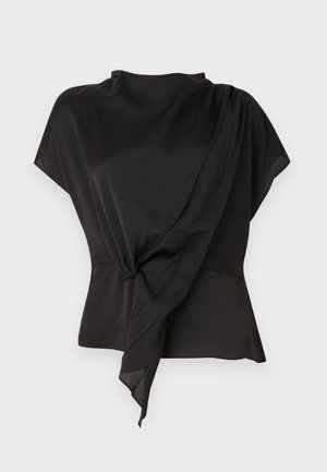 Sort bluse lavet af glat stof, med en draperet design og en knyttet detalje ved taljen samt korte ærmer.