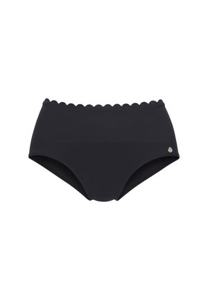 Hochgeschnittene schwarze Bikinihose mit einem gewellten elastischen Bund und glattem Stoff, mit einem kleinen Metallschriftzug an der Seite.