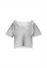 Top in rete nera con maniche corte e larghe e vestibilità ampia. Presenta un motivo geometrico di linee incrociate e punti su tutta la superficie.