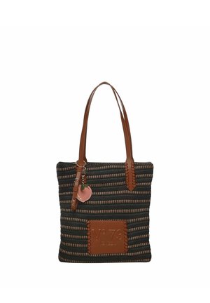 Gestreepte zwarte en bruine geweven draagtas met lichtbruine leren handvatten, een voorvak met de opdruk "No 73 Venezia" en een perzikvormige bedel.