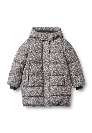 Veste longue matelassée à capuche avec motif floral gris et rose, fermeture devant par boutons-pression et fermeture éclair, et poches latérales.