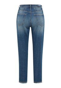 Blauwe denim jeans met een rechte pasvorm, voorzien van een gerafelde zoom, twee achterzakken en contrasterende stiksels. De stof lijkt middelzwaar te zijn.