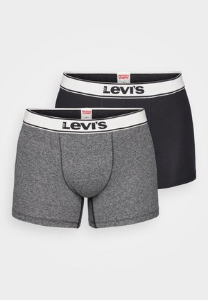 Dos pares de calzoncillos boxer Levi's, uno gris y otro negro, cada uno con una cinturilla blanca que presenta el logo. Material de algodón suave, diseño ajustado.