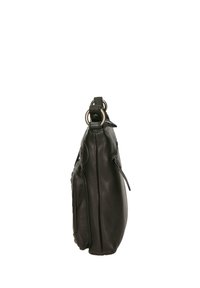 Borsa a spalla in pelle nera con un esterno liscio, profilo sottile, manico superiore e dettagli decorativi in metallo. Presenta una tasca con zip.