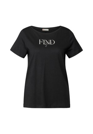 Zwart t-shirt met korte mouwen en een relaxte pasvorm, met een witte tekstontwerp "FIND your" over de borst in contrasterende typografie. Gemaakt van katoen.