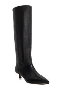 Knee-high black leather boot with a pointed toe and small heel, featuring a smooth texture and clean lines. No visible hardware or patterns.
