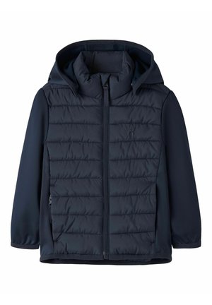 Tengerészkék kapucnis gyerekdzseki steppelt első résszel, sima ujjakkal, végig cipzáros elöl és cipzáras oldalzsebekkel.