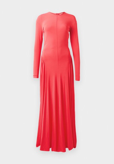Langärmliges, tailliertes Kleid in Koralle mit rundem Ausschnitt, seitlichen Raffungselementen und einem fließenden Rock. Hergestellt aus glattem, elastischem Stoff.