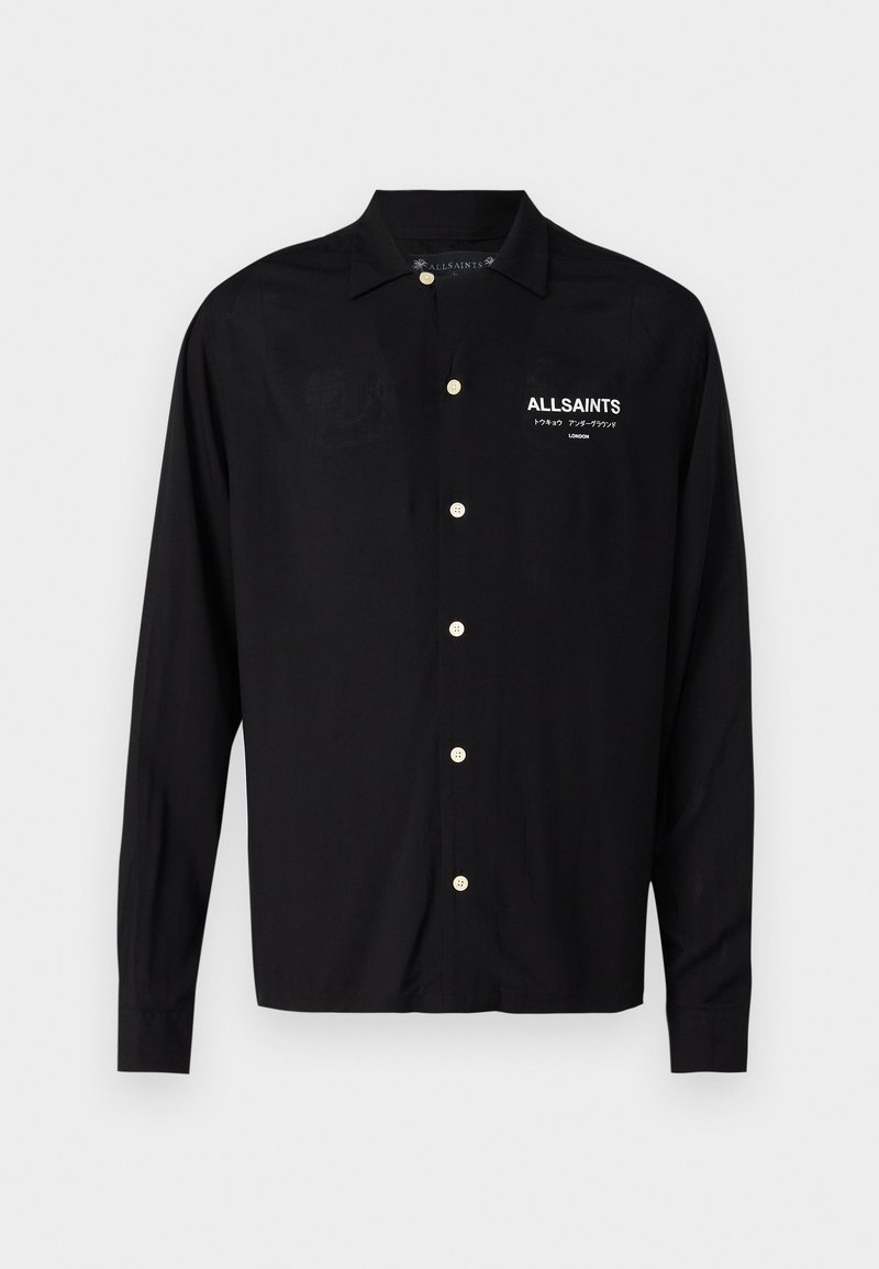 Zwarte longsleeve shirt van lichtgewicht stof met een knoopsluiting aan de voorkant, een klassieke kraag en een klein wit logo op de borst.