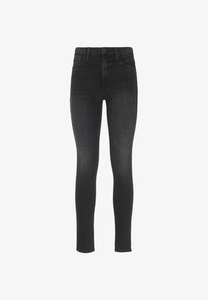 Jeans skinny neri in denim; vita alta con una texture liscia e una leggera sfumatura; con chiusura standard con bottone e cerniera.