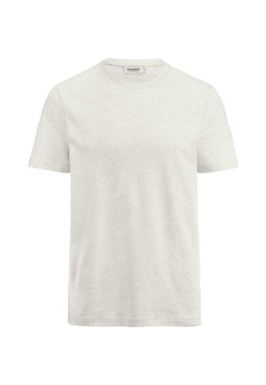 Lichtgrijze katoenen t-shirt met korte mouwen, ronde halslijn en een gladde textuur. Minimalistisch ontwerp zonder patronen of accenten.