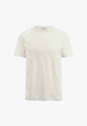 Lichtgrijze katoenen t-shirt met korte mouwen, ronde halslijn en een gladde textuur. Minimalistisch ontwerp zonder patronen of accenten.