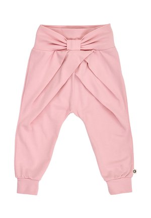 Pantalon rose pour tout-petit avec taille haute, large nœud en tissu à l'avant et poignets élastiques aux chevilles.