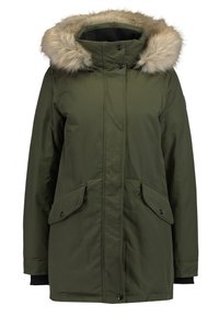 Giacca parka verde con cappuccio foderato in pelliccia sintetica, chiusura con zip, bottoni automatici e due grandi tasche frontali. Tessuto texture con polsini a coste.
