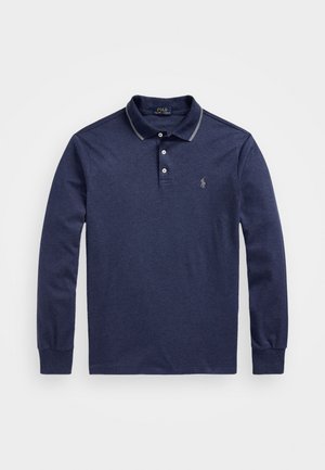 Navy long-sleeve polo shirt made of textured cotton blend, featuring a three-button placket and gray collar accents. Logo on the chest.