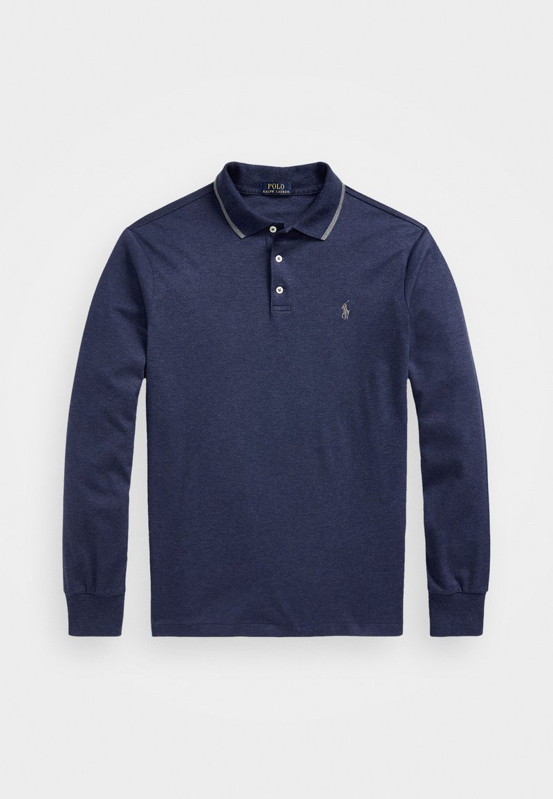 Tume sinise värvi pika varrukaga polo särk, mis on valmistatud tekstuursetest puuvillasegudest, sisaldab kolme nupuga kraed ja halli kaelaaktsenti. Rinnal logo.