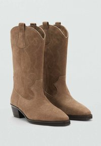 Bruine suède cowboylaarzen met puntige neuzen, gestikte details en een lage hak. Voorzien van treklussen voor gemakkelijk aan- en uittrekken.