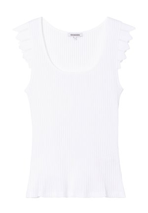 Top sin mangas blanco de canalé con escote redondeado, mangas de volantes y dobladillo acampanado. Hecho de tela suave, presenta una textura vertical y bordes sin costuras.