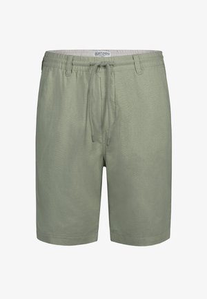 Green, lightweight shorts with an elastic waistband and drawstring. Smooth texture and knee-length design, featuring subtle fabric pattern.