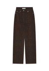 Jeans marroni con motivo, dal taglio leggermente morbido, dotati di accessori in argento in vita e nelle tasche. Il tessuto ha un aspetto testurizzato.