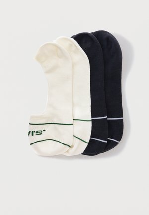 Two pairs of no-show socks, one in off-white with green stripes and one in black with white stripes, displayed side by side on a white background.