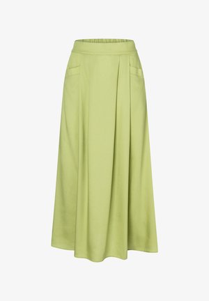 Jupe longue vert clair coupe trapèze avec taille élastique et deux poches avant discrètes, en tissu lisse.