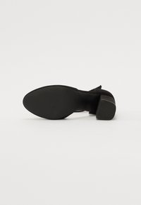 Svart högklackad sko med en slät läderoverdel och en texturerad gummisula. Har en rundad tå och en robust klack.