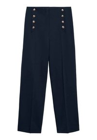 Pantalon bleu marine taille haute avec six boutons argentés décoratifs, trois de chaque côté près de la taille, coupe droite.