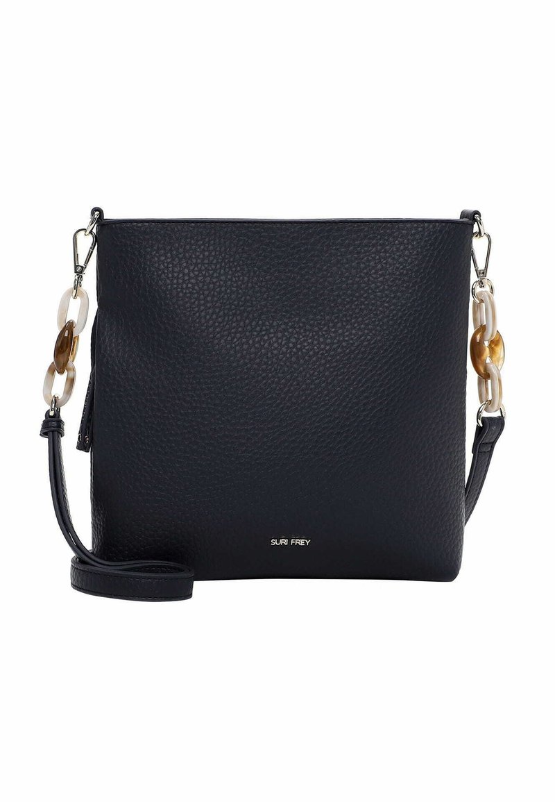 Czarna torebka na ramię z ziarnistej skóry, z odpinanym paskiem i akcentami z żywicy; posiada zamknięcie na zamek i wypukłe logo z przodu.