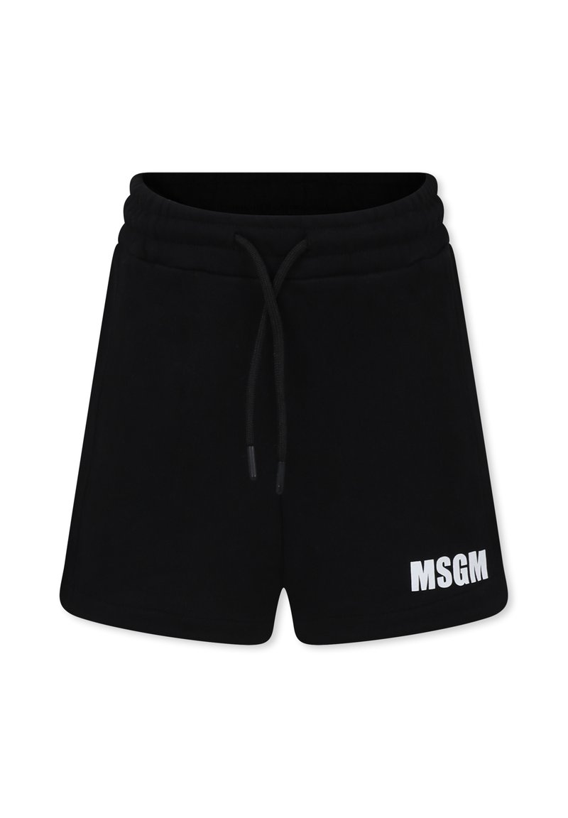 Shorts neri in felpa realizzati in tessuto morbido, con vita elastica e cordino, e logo "MSGM" bianco sul lato sinistro in basso.