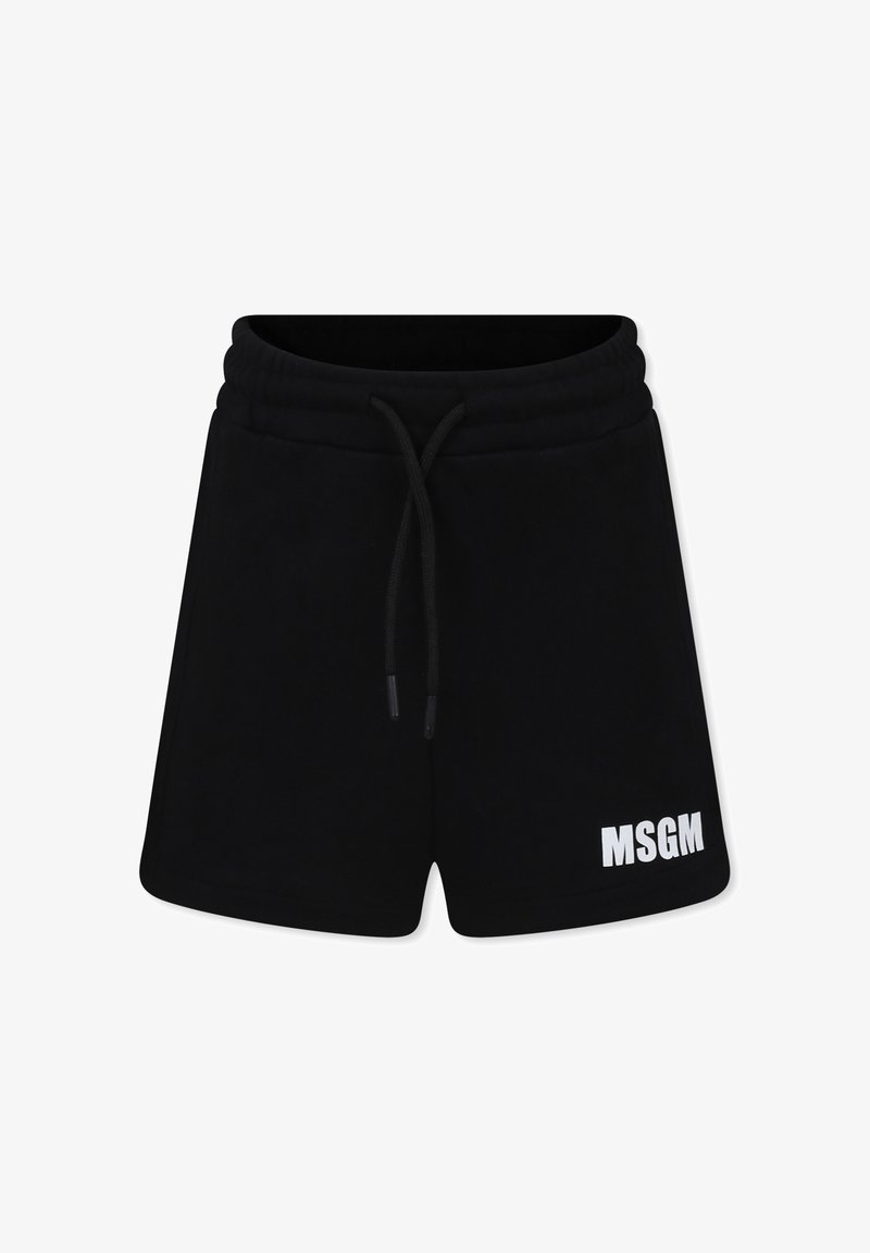 Shorts neri in felpa realizzati in tessuto morbido, con vita elastica e cordino, e logo "MSGM" bianco sul lato sinistro in basso.