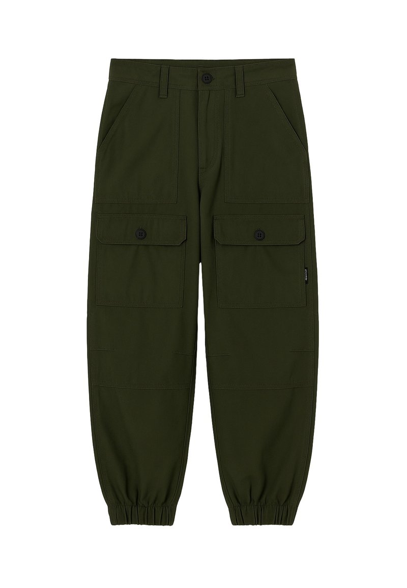 Pantaloni cargo verde oliva realizzati in tessuto resistente, con due tasche frontali e due grandi tasche con patta, dotati di polsini elasticizzati.