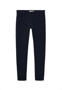 Tummansiniset farkut, jotka on valmistettu denimestä, slim fit -mallilla ja perinteisellä viiden taskun muotoilulla, vetoketjukiinnityksellä ja vyölenkeillä.