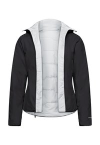 Black and light gray insulated jacket with hood, long sleeves, and front zipper, shown open to reveal padded inner lining.