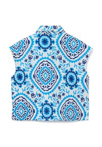 Camicia a maniche corte con un motivo floreale in diverse tonalità di blu e bianco. Presenta un colletto e un design aderente.