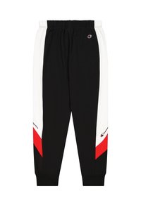 Black athletic pants with white and red side stripes, elastic waistband, tapered legs, and branding detail along the lower side.